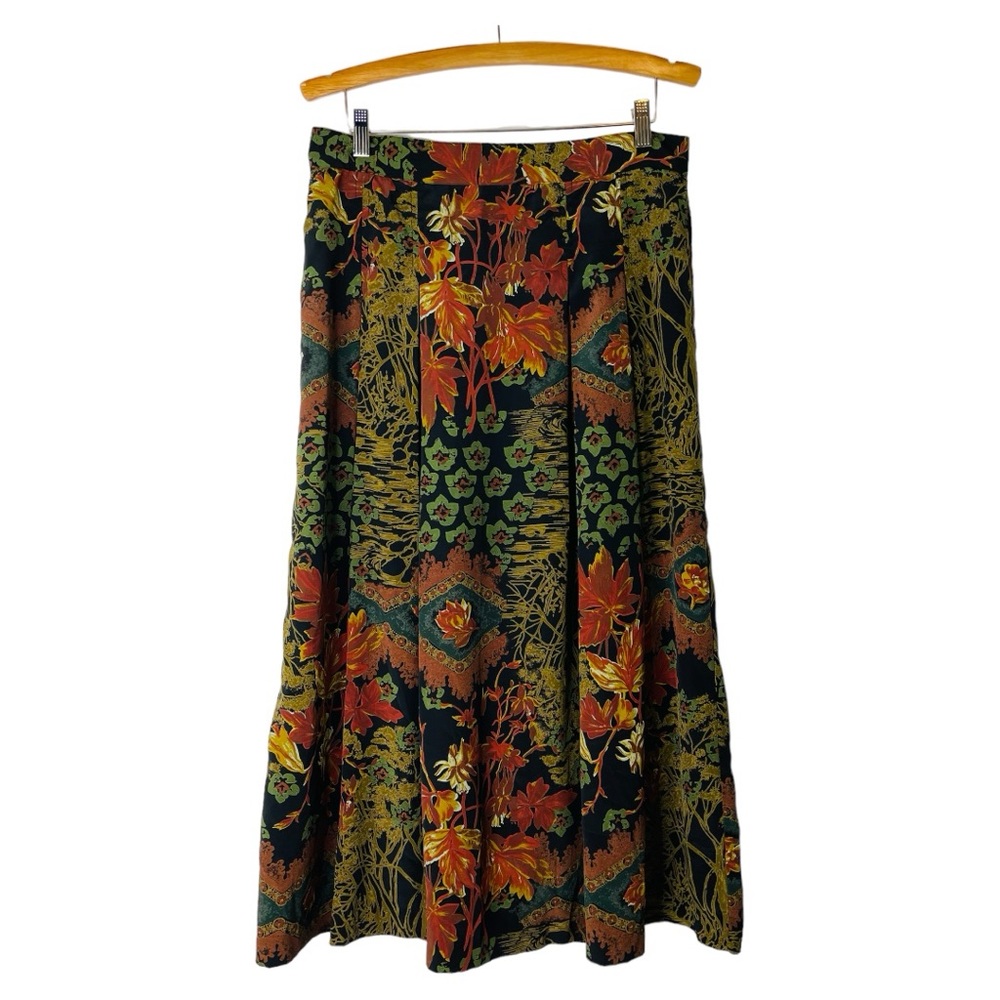 Final notice - Vintage black green orange floral leaves pleated midi maxi skirt